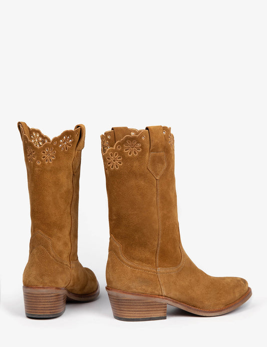 Jesse Broderie Cowboy Boot Tan Suede